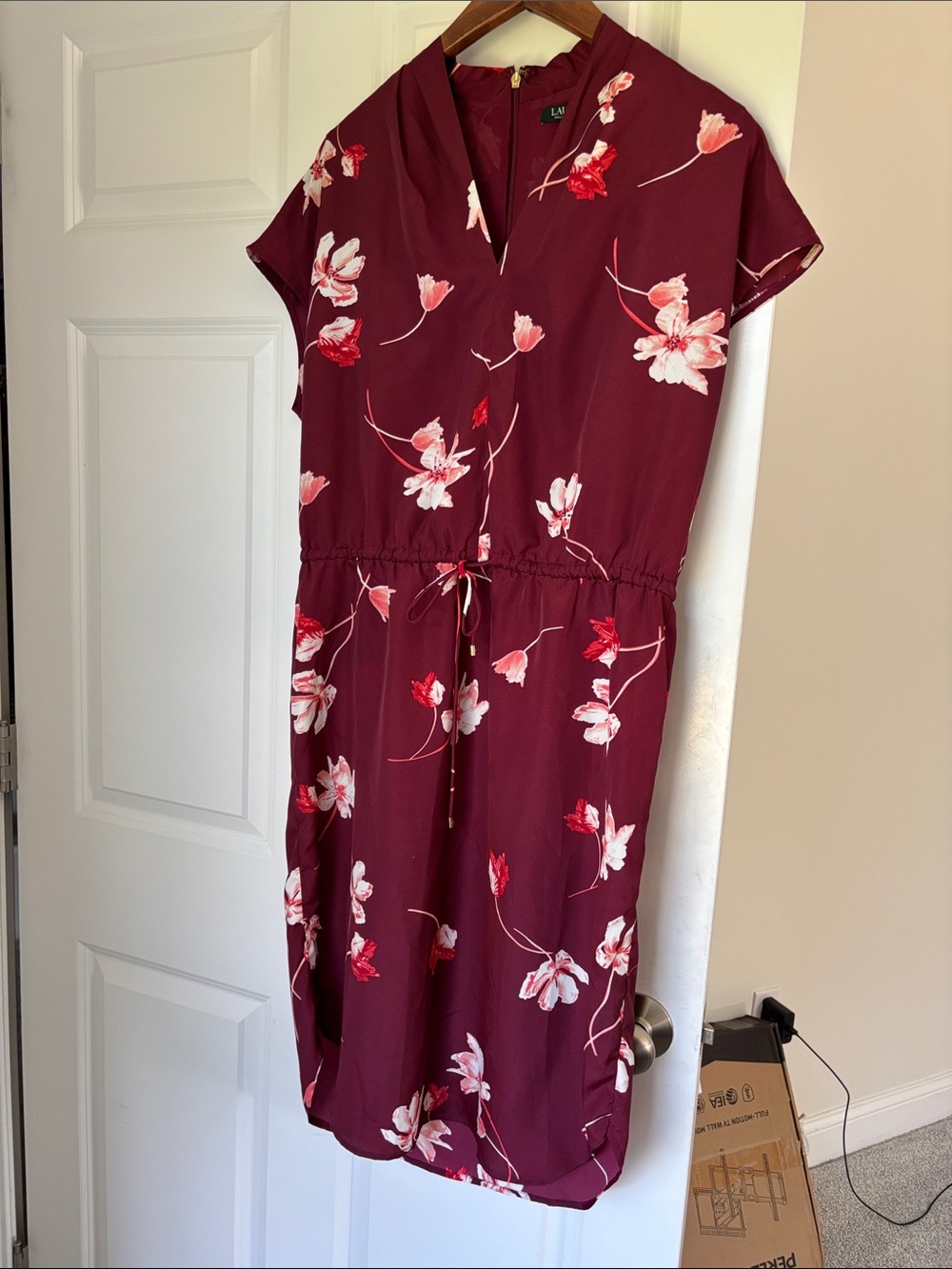 Ralf Lauren Women's Burgundy Floral Drawstring Waist Dress